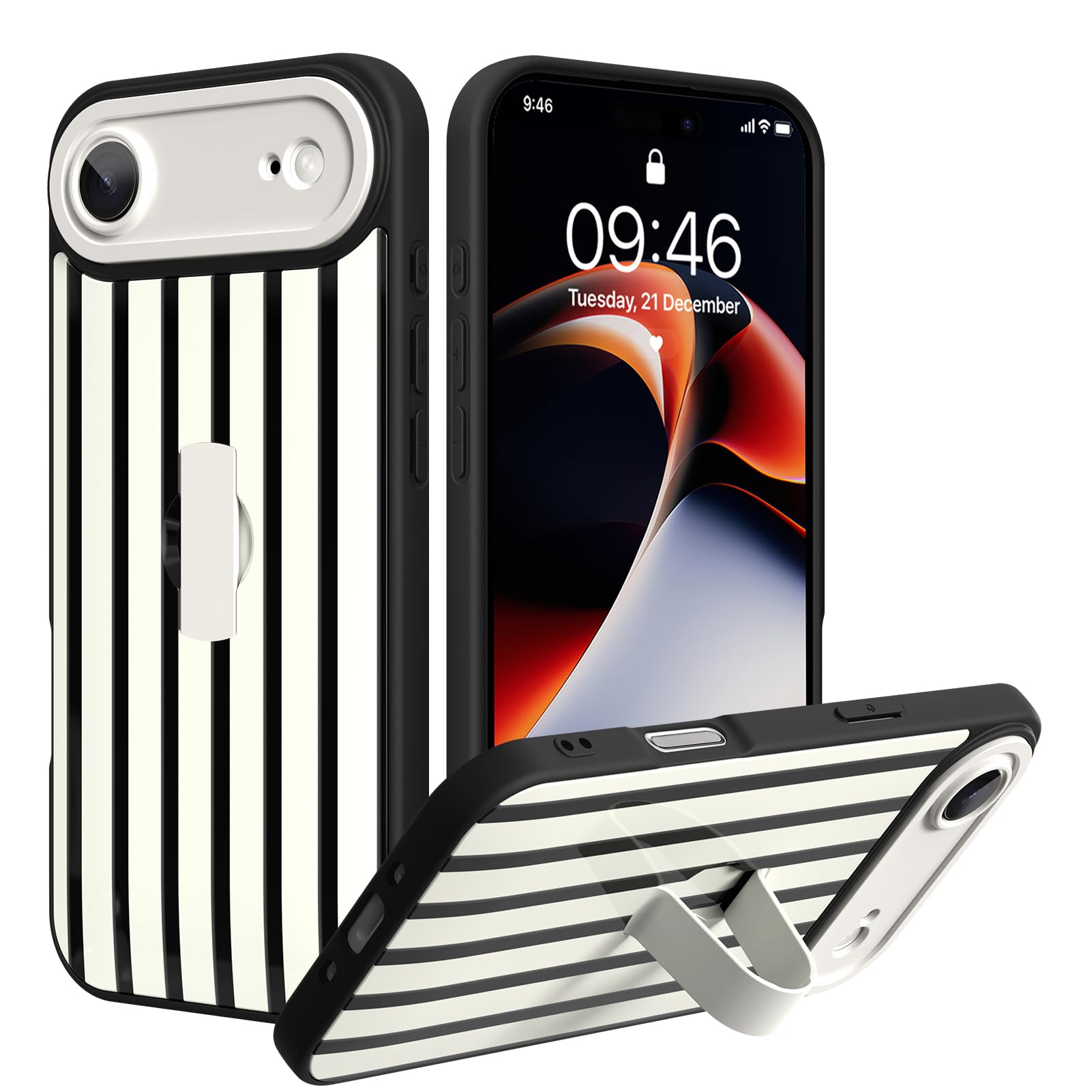 SOKAD for iPhone Air Case with Finger Strap Kickstand, Cute Vertical Stripes Line Phone Case with Finger Hand for Women Men, Slim Full Camera Protection Shockproof Cover, Black White