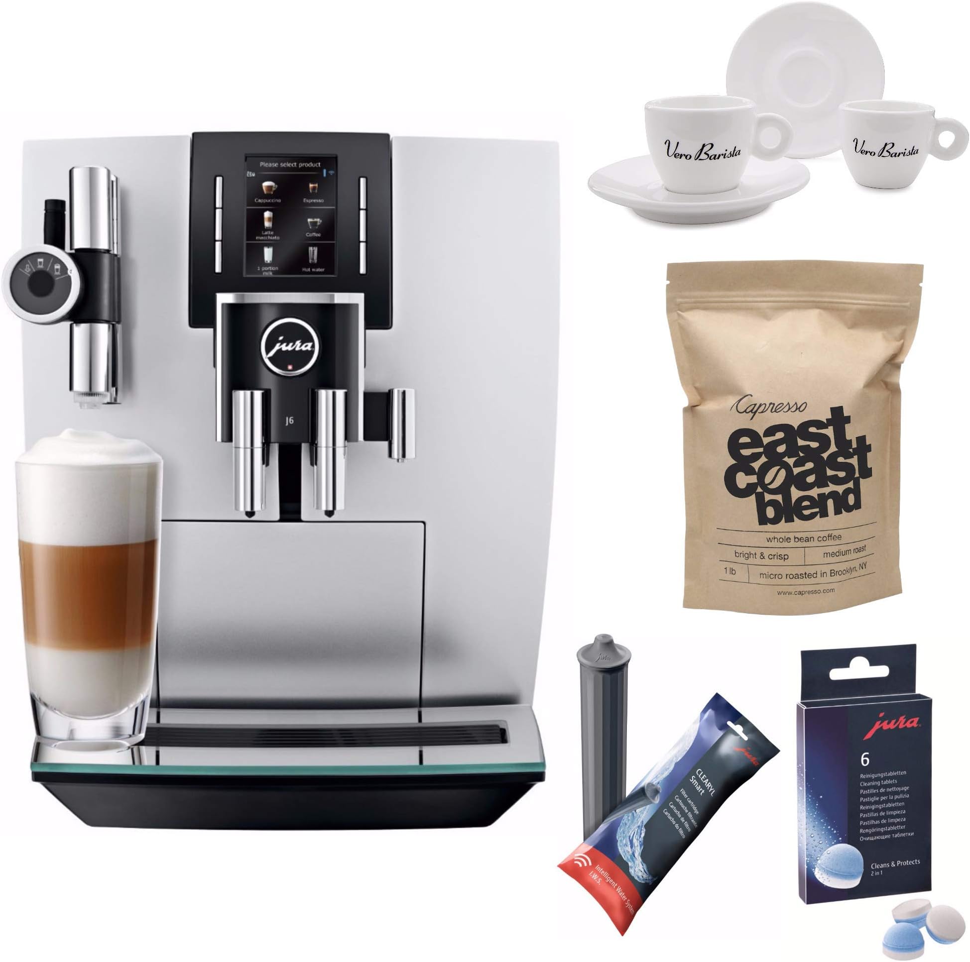 Jura 15150 J6 Coffee Machine, Brilliant Silver Includes Filter Cartridge, Cleaning Tablets, Two Cups and Saucers and Whole Bean Coffee (Renewed)