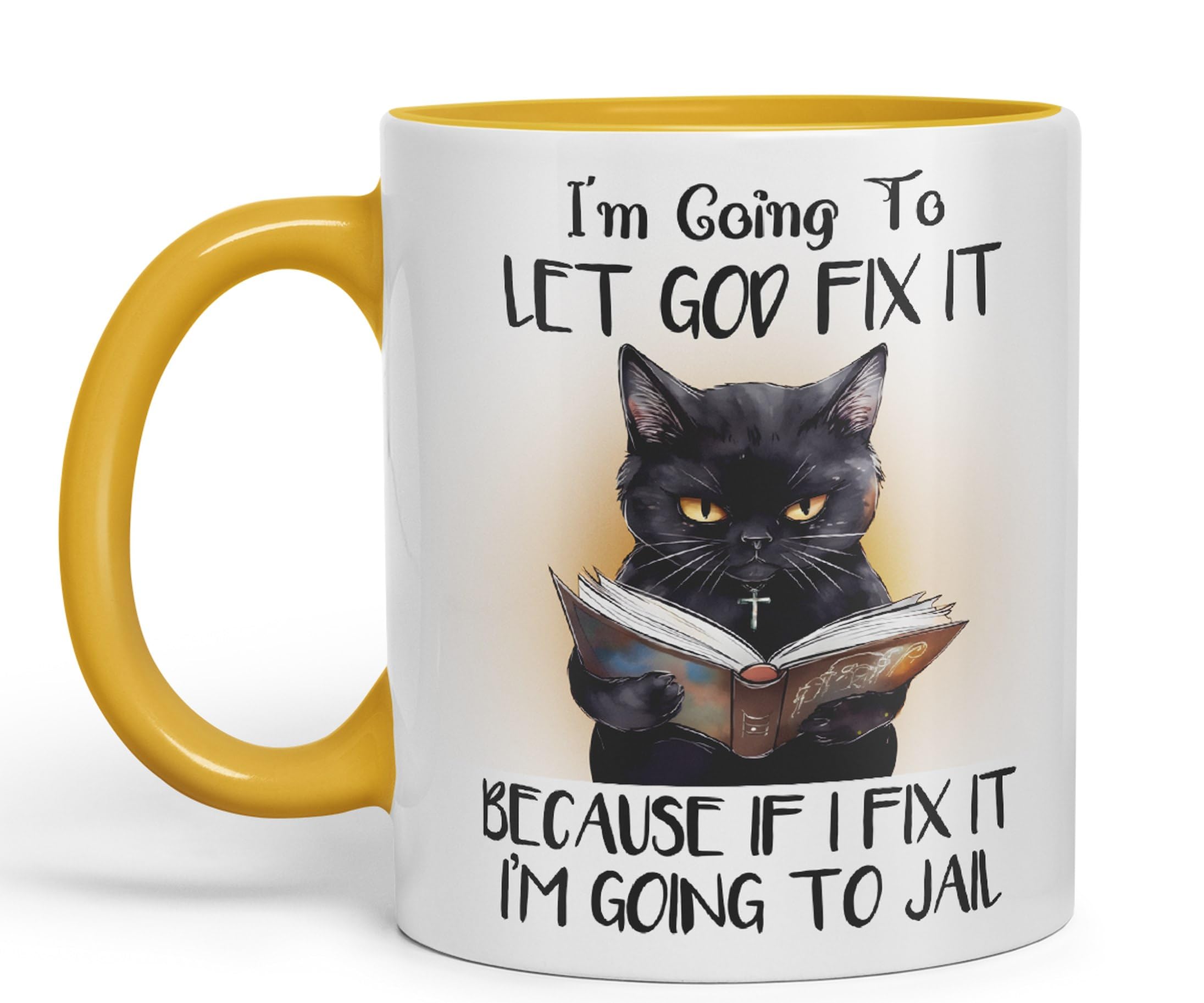 I'm Going to LET GOD FIX IT, Cats Sarcastic Joke Ceramic Coloured Mug Cup for Tea Coffee Hot Brew 330ml 11Oz (G Yellow)