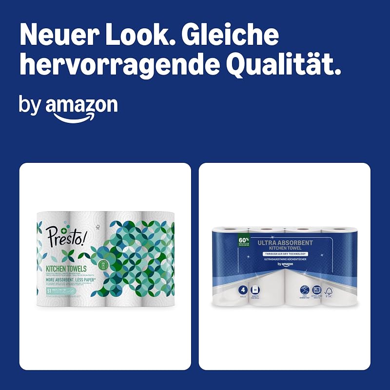 by Amazon Ultra-saugfähige TAD-Küchenrolle, 32 Rollen (8 Packungen à 4), 51 Blätter pro Rolle, (früher “Presto!”)