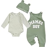 Viworld Newborn Baby Boy Clothes Mama's Boy Overalls Striped Long Sleeve Romper Hat 3Pcs Fall Winter Outfits