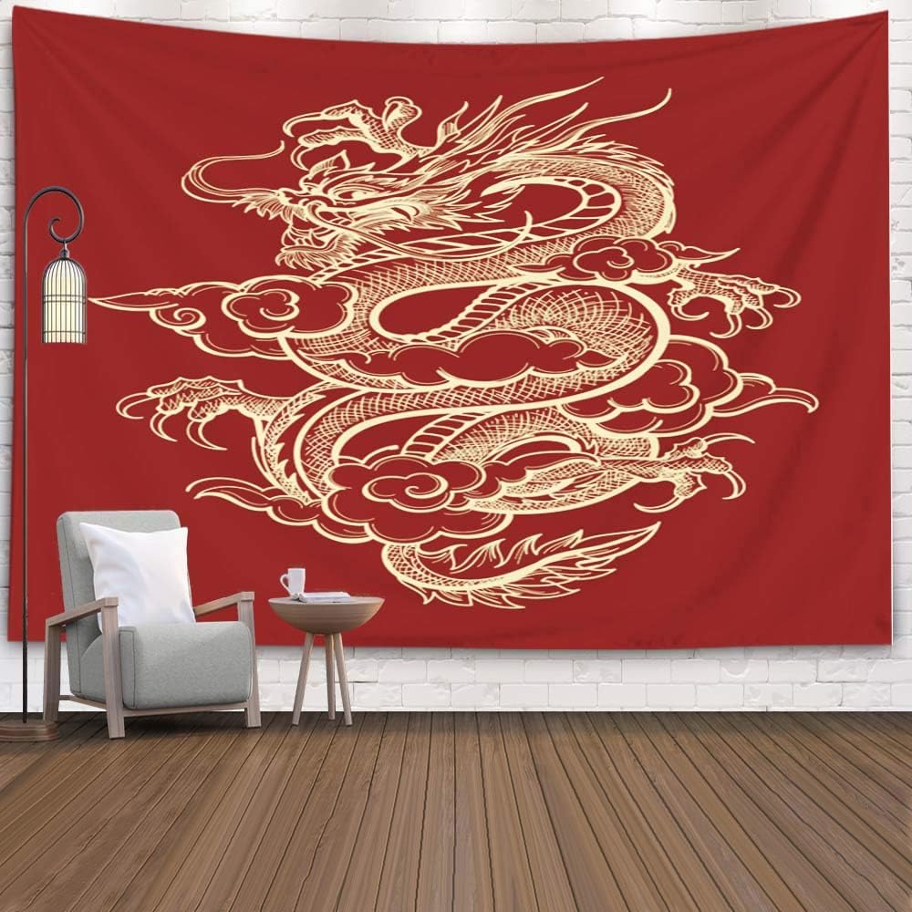 Asdecmoly Small Tapestry Wall Hanging, Tapestry Wall Hanging Living Room Bedroom 60 Lx50 W Inches Illustratitraditional Golden Chinese Dragon Art Printing Inhouse
