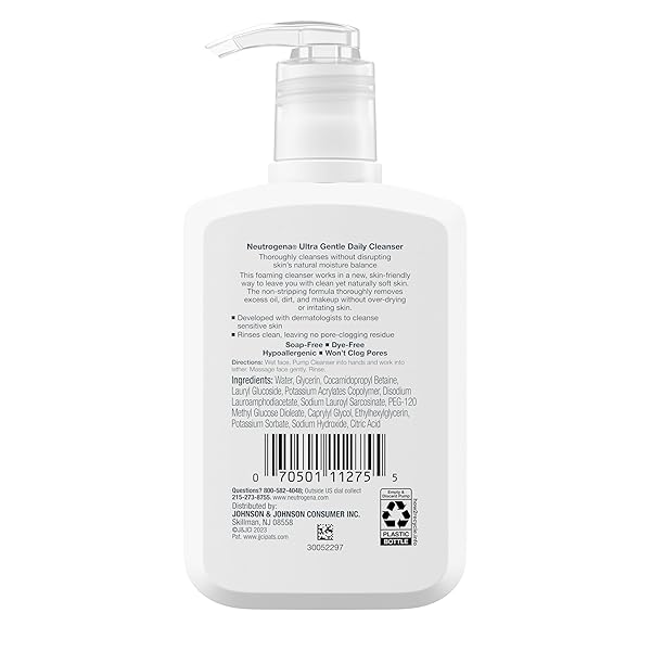 NEUTROGENA ULTRA GENTLE FOAMING FACIAL CLEANSER, FOAMING FACE WASH FOR SENSITIVE SKIN, GENTLY CLEANSES AWAY DIRT, OIL & MAKEUP WITHOUT OVER DRYING, FRAGRANCE-FREE, 5.8 FL. OZ
