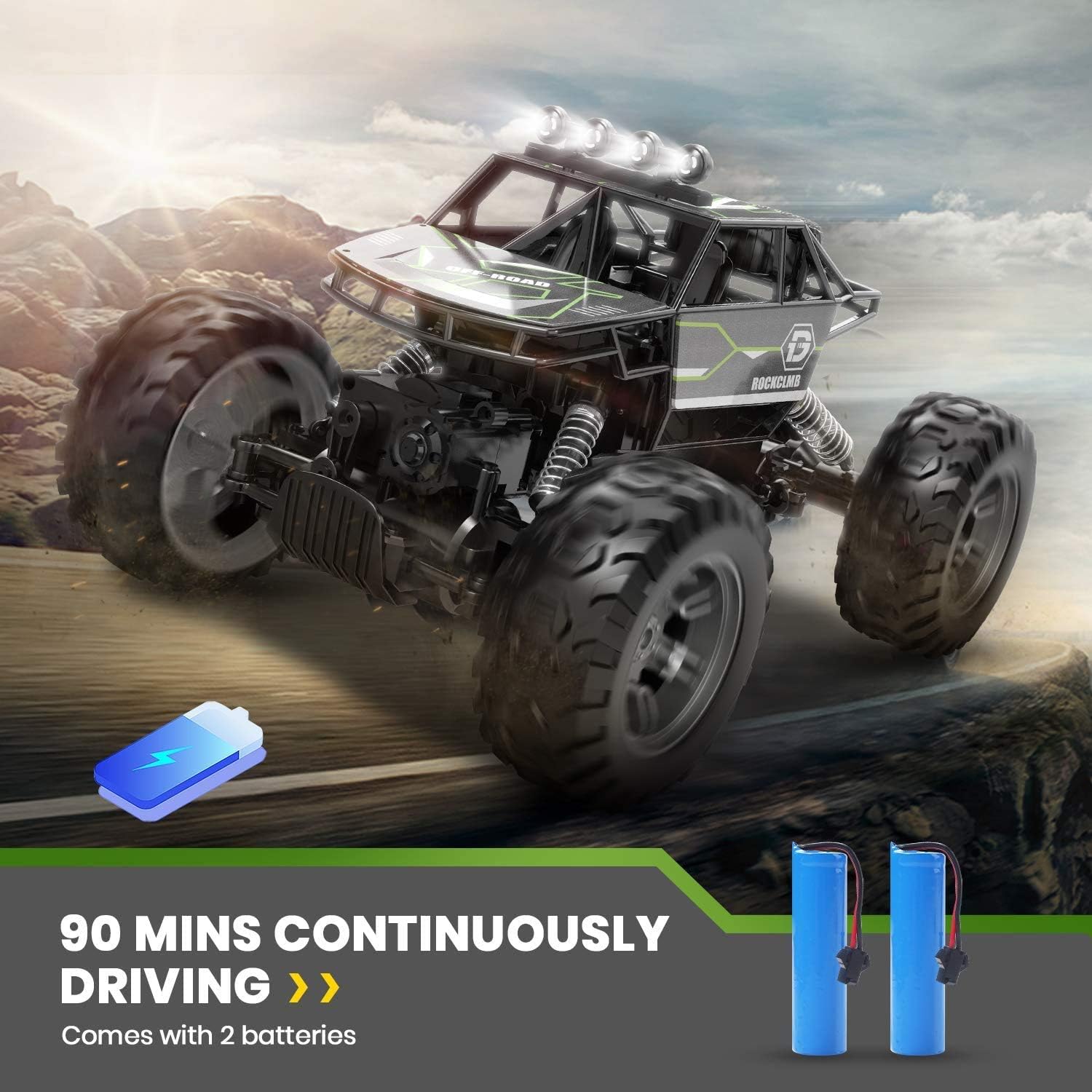 RC Cars, Holyton 4WD Off Road Monster Trucks All Terrain , 1:16 Scale Remote Control Car, 2.4GHz, 2 Rechargeable Batteries Toy Crawlers Vehicles for Children and Adults, 40+ Min Play, Gray: Toys & Games