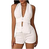 BEAUDRM Women's 2 Piece Outfits Sexy Textured Cut Out Backless Halter Top and Shorts Set