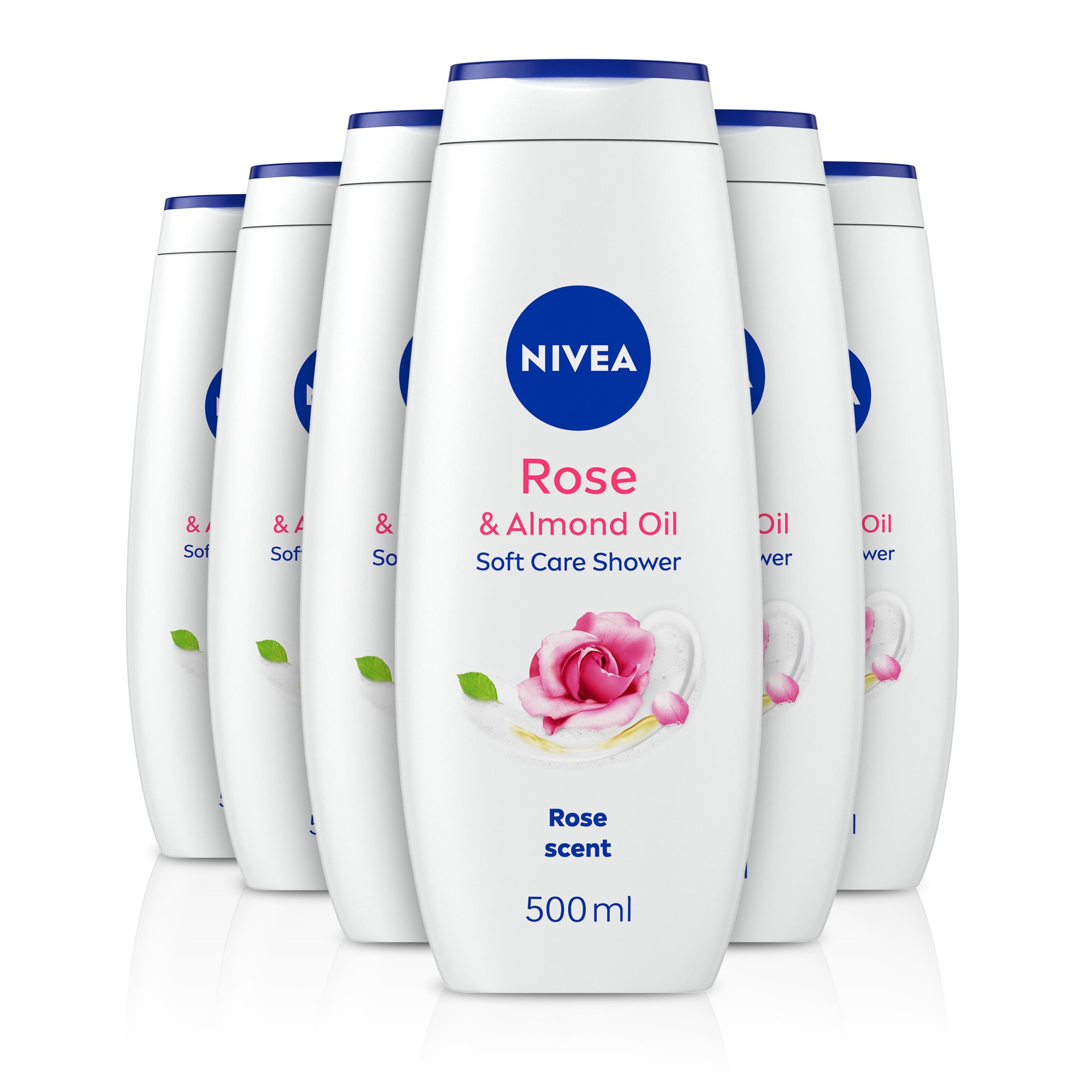 NIVEA Rose & Almond Oil Shower Cream (500 ml, Pack of 6), Moisturising Shower Gel with Almond Oil, Luxurious Body Wash for Women, Body Wash with Vitamin C, E