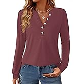 GKBK Women's Puff Long Sleeve Tunic V Neck Button Blouses Fall Tops Trendy Dressy Casual Business Henley Shirts