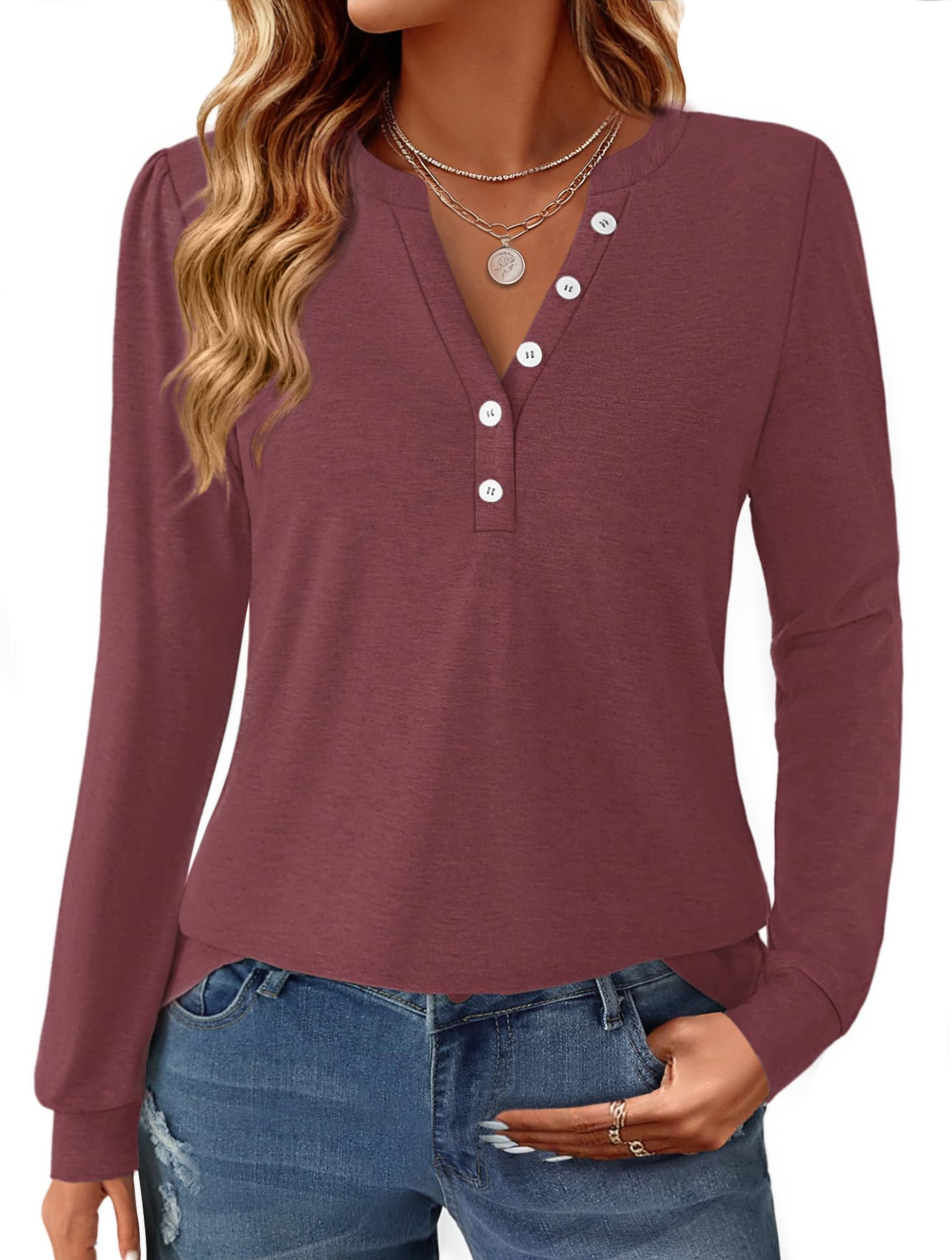 GKBK Women's Puff Long Sleeve Tunic V Neck Button Blouses Fall Tops Trendy Dressy Casual Business Henley Shirts Wine Red L