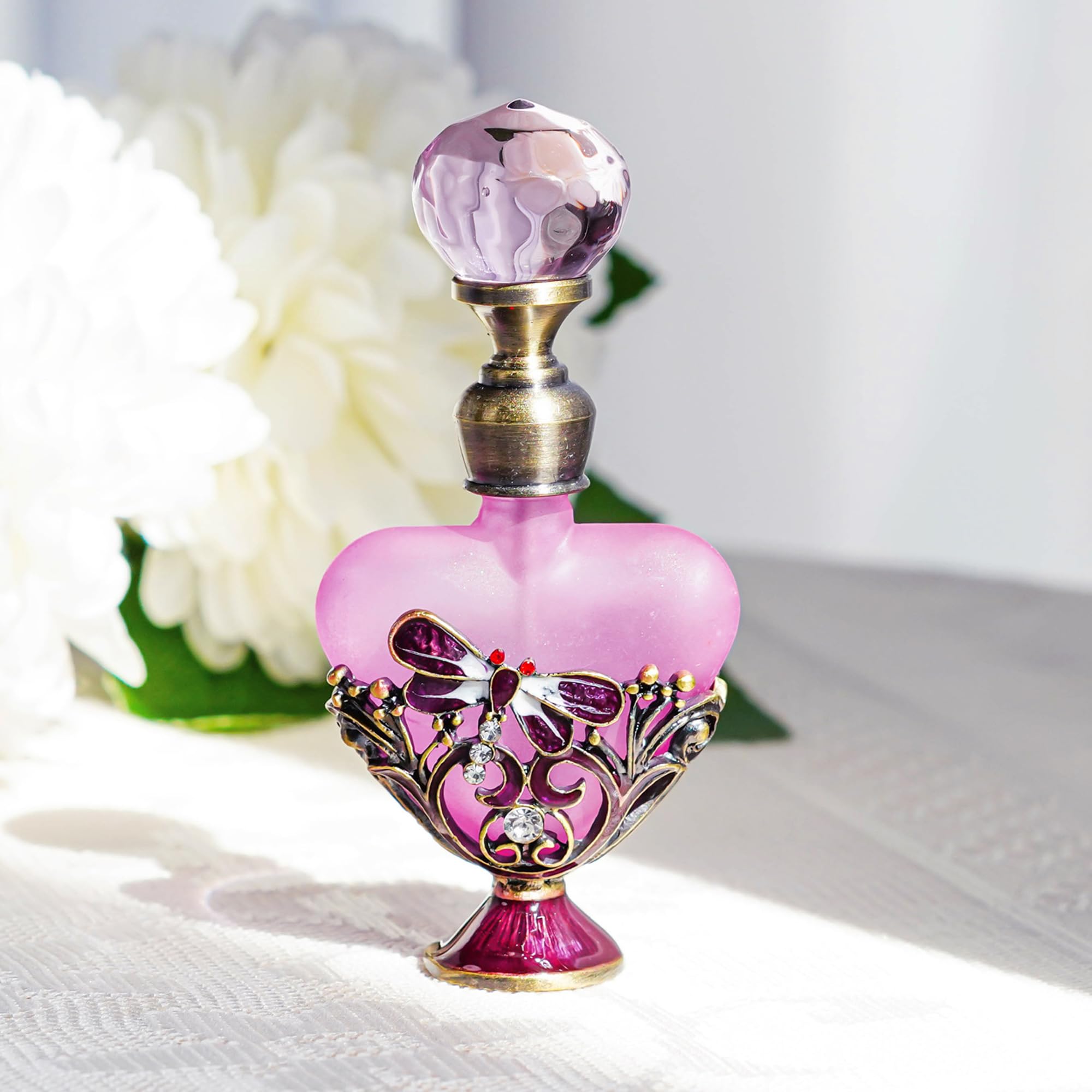 YU FENG Vintage Dragonfly Pewter and Glass Perfume Bottle with Diamand, Empty Refillable Mini Perfume Bottle