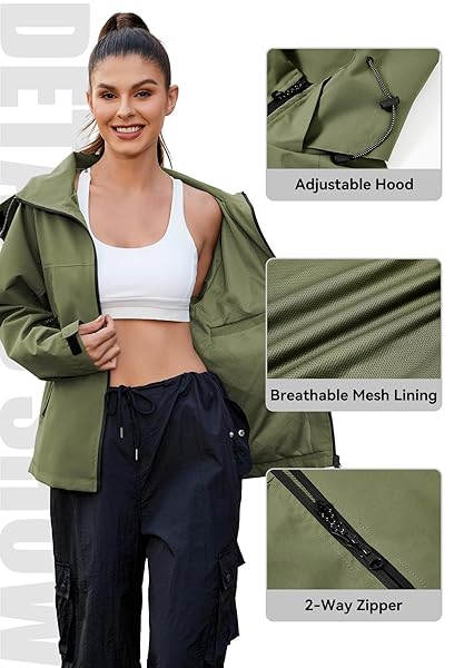 ZANDO WATERPROOF WOMEN’S RAIN JACKETS LIGHTWEIGHT RAIN JACKET WITH HOOD WATERPROOF RAINCOAT FOR WOMEN RAINCOATS FOR WOMEN LOOSE WINDBREAKER JACKET HIKING ARMY GREEN L