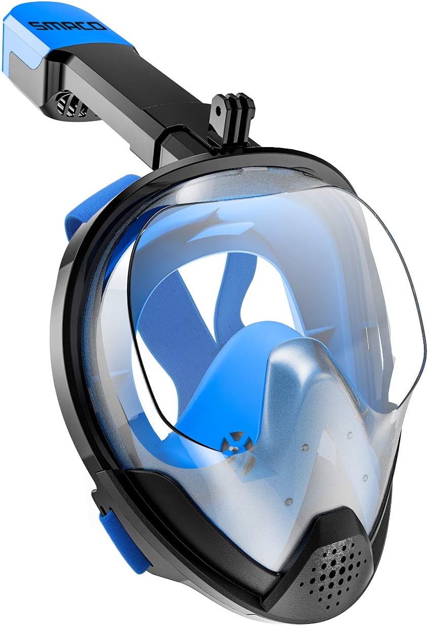 SMACO Full Face Snorkel Mask with UV Protection Anti-Fog Anti-Leak Snorkeling Mask with Detachable Camera Mount 180° Panoramic View Swimming Mask for Adults and Youth.