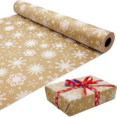 ADQUATOR Kraft White Snowflake Wrapping Paper Roll 15m x 43cm ECO