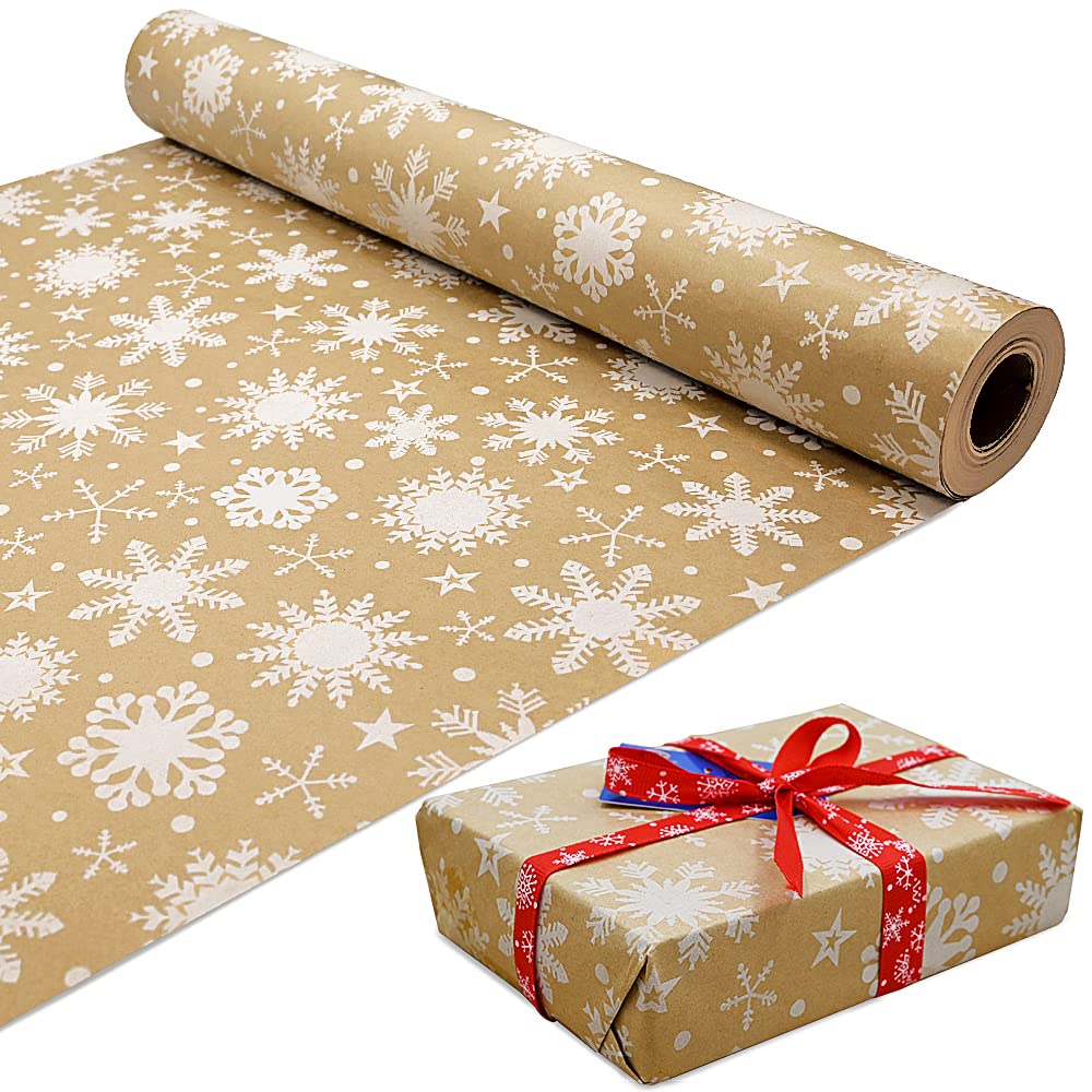 15m Roll of Kraft White Snowflake Wrapping Paper Roll,100% Recyclable ECO Gift For Birthday Present Party Christmas Decorations(15m x 43cm)