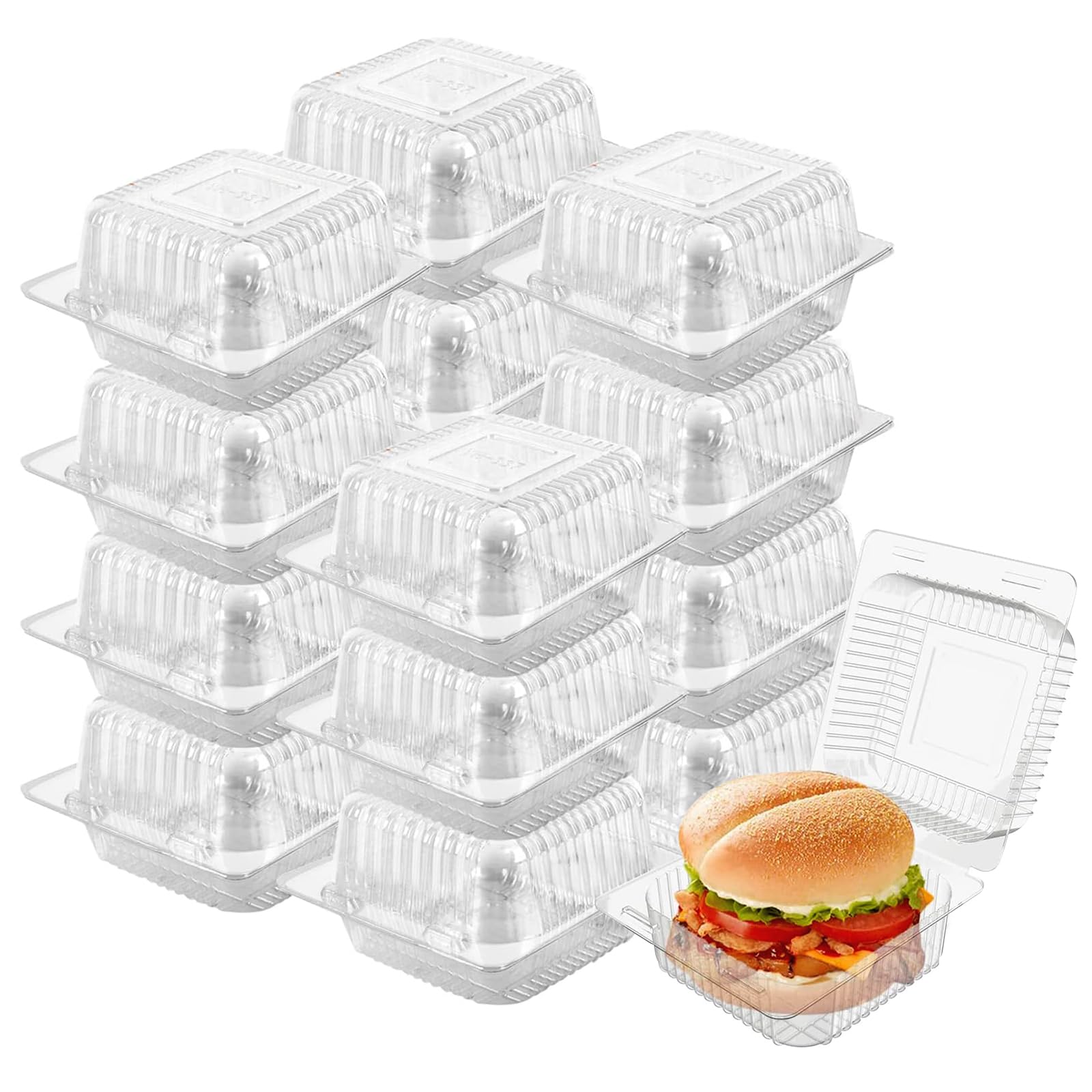 Photo 1 of 100 Pack 5 x 5 inch Clear Plastic Disposable Clamshell Container,Hinged Take Out Clamshell Dessert Container with Lid Takeout Tray Disposable Food Clamshell Containers for Dessert,Cakes,Sandwiches