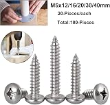 FandWay 304 Stainless Steel M5 Self Tapping Screws 100Pcs Wood Pan Head Phillips view 2