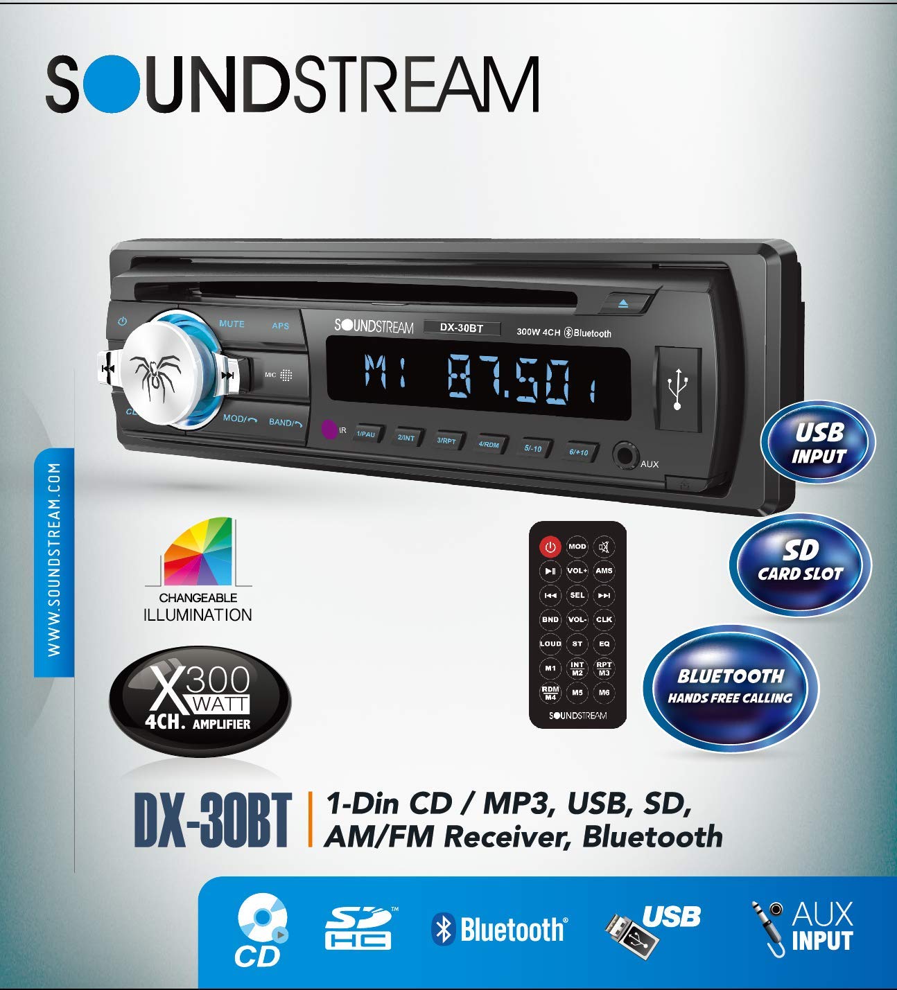 Soundstream DX-30BT Car CD MP3 Player USB AUX SD Card Inputs Single DIN Stereo Receiver with Built-in Bluetooth Hands-Free Calling Music Streaming AM FM Radio Remote Control Detachable Faceplate