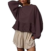 calbatic Women Oversized Peplum Sweatshirt Long Sleeve Crewneck Babydoll Top Casual Ruffle Lace Patchwork Fall Pullover