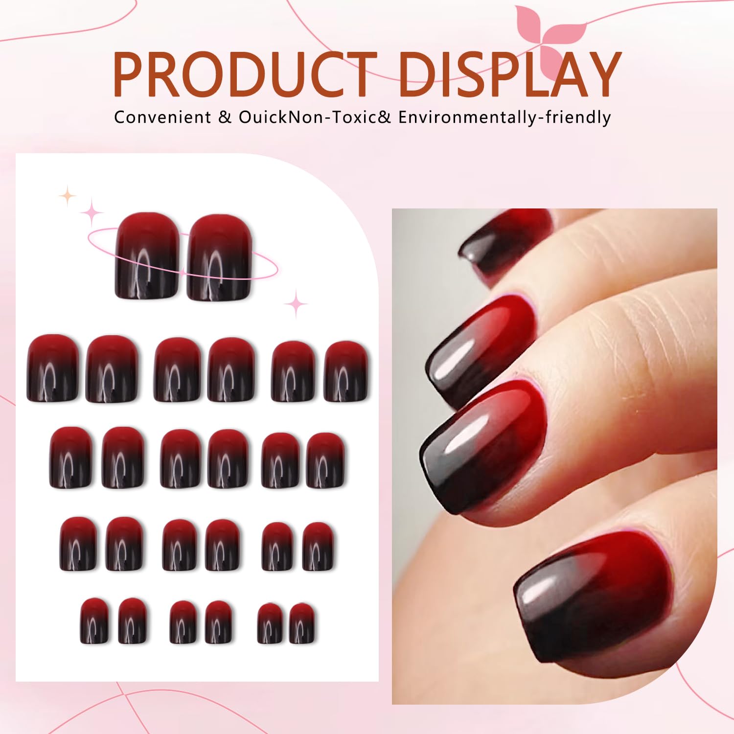 Halloween Red & Black Gradient Press on Nails Short Square Shaped False Nails Designs Glossy Reusable Fake Nails Full Cover Acrylic Nails Halloween Stick on Nails for Women DIY Manicure 24 Pcs - Image 5