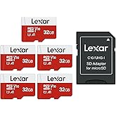 Lexar E-Series 32GB Micro SD Card 5 Pack, microSDHC UHS-I Flash Memory Card with Adapter, 100MB/s, C10, U1, A1, V10, Full HD,