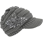 C-US Women Winter Warm Knit Hat Crochet Visor Brim Cap with Flower Accent