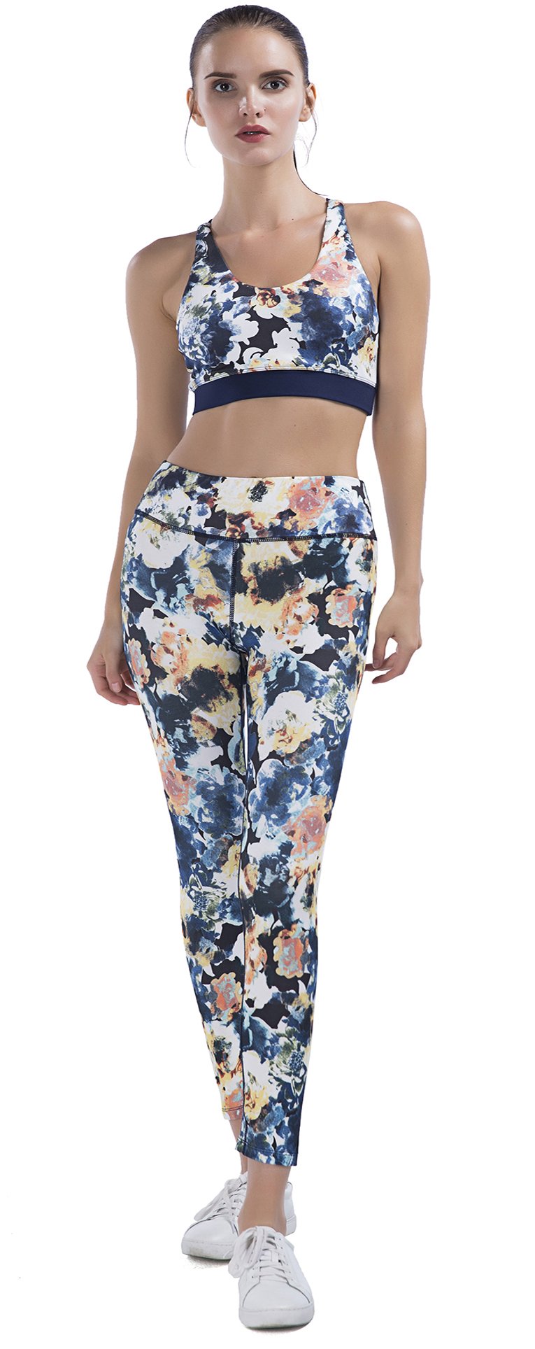 SPECIAL MAGIC Women\'s High Waisted Floral Print Long Legging Navy Blue L