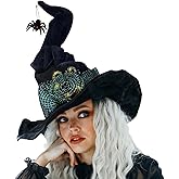 LMJFOR Halloween Black Witch Hat with Spider, Light up Velvet Witch Hat Cosplay Costume Accessories for Women Halloween Party
