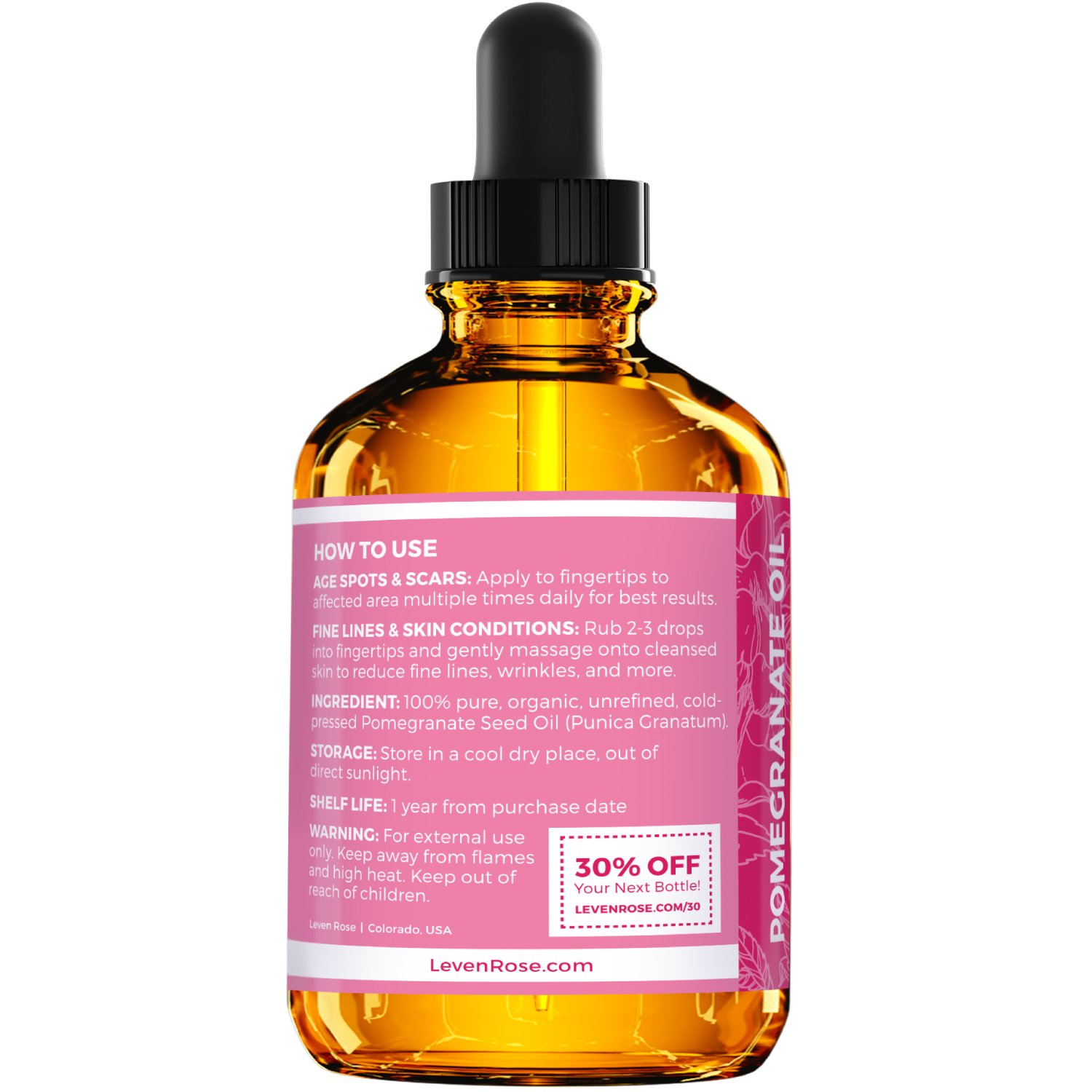 Pomegranate Seed Oil by Leven Rose, 100% Pure Unrefined Cold Pressed Antioxidant Moisturizer for Hair Skin and Nails 2 oz: Beauty