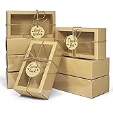 Corsiampoo 30 Pack Kraft Paper Cardboard Boxes with Clear Window, External size 6.5 x 6.5 x 2 inches, Gift Boxes with Blank Tags,Jute String and Raffia, Great for Jewelry, Candy, Cookie&Party Favor Wrapping