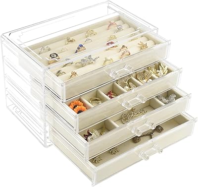 Weiai Acryl-Schmuck-Organizer, transparente Schmuckschatulle mit 4 Schubladen, Schmuckkästchen für Damen (Beige)