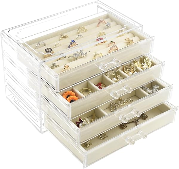 Weiai Acryl-Schmuck-Organizer, transparente Schmuckschatulle mit 4 Schubladen, Schmuckkästchen für Damen (Beige)