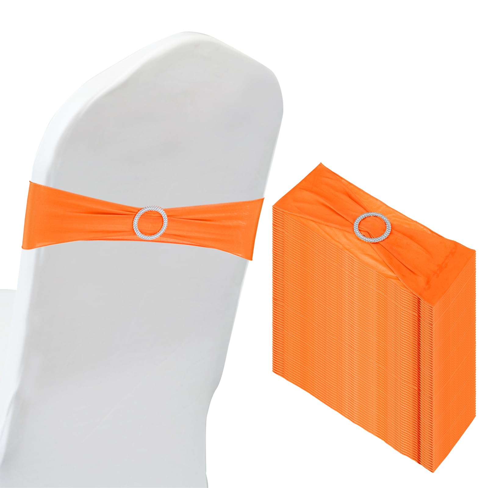PATIKIL 14"x5" Stretch Chair Sashes Bows, 50 Pack Elastic Chair Bands Sashes with Buckle Slider for Wedding Banquet Decorations, Orange