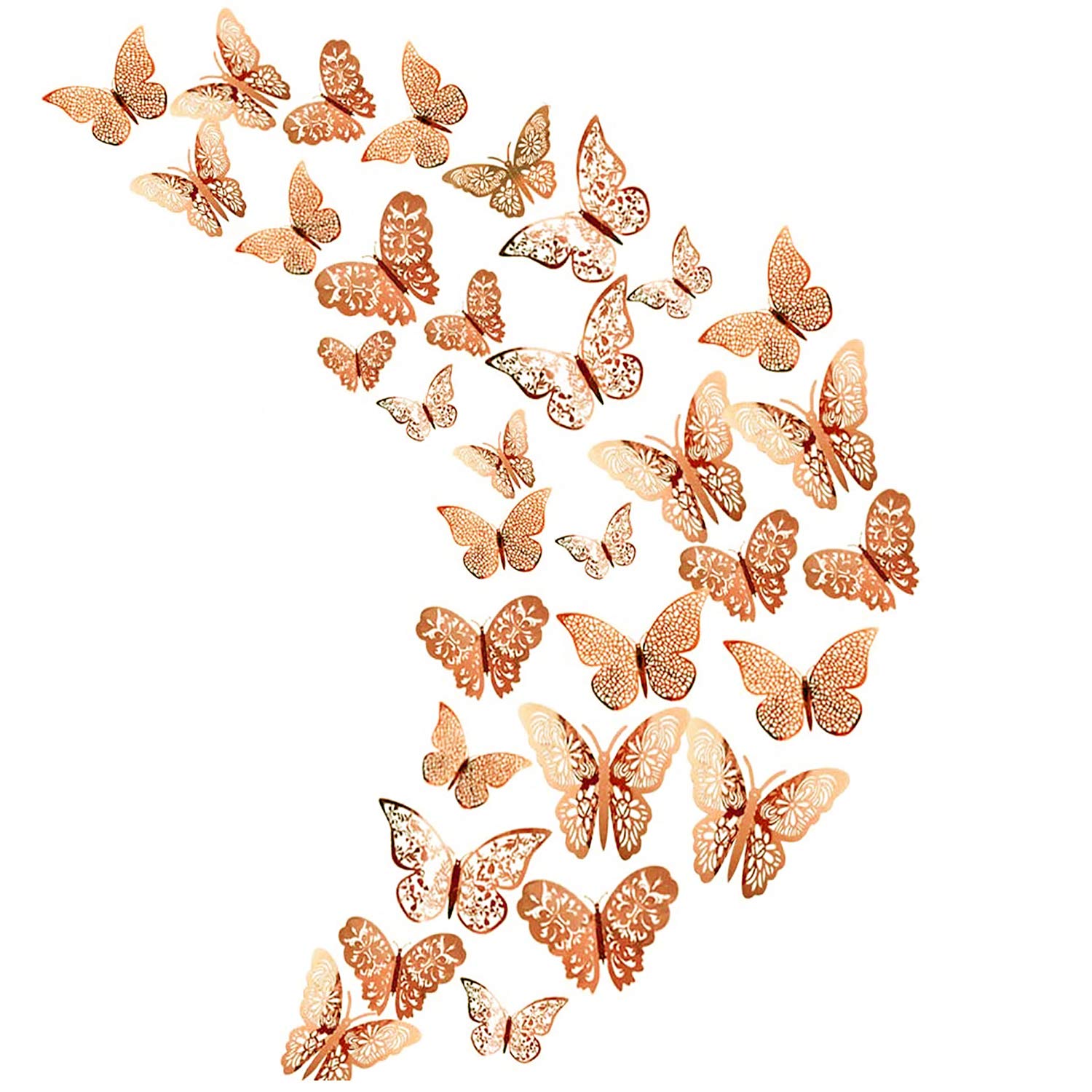 36Pcs Champagne 3D Butterfly Wall Stickers， Metallic Art Sticker ，Butterfly Wall Decals for Home Decor Butterflies Fridge Sticker Room Decoration Party Wedding Décor