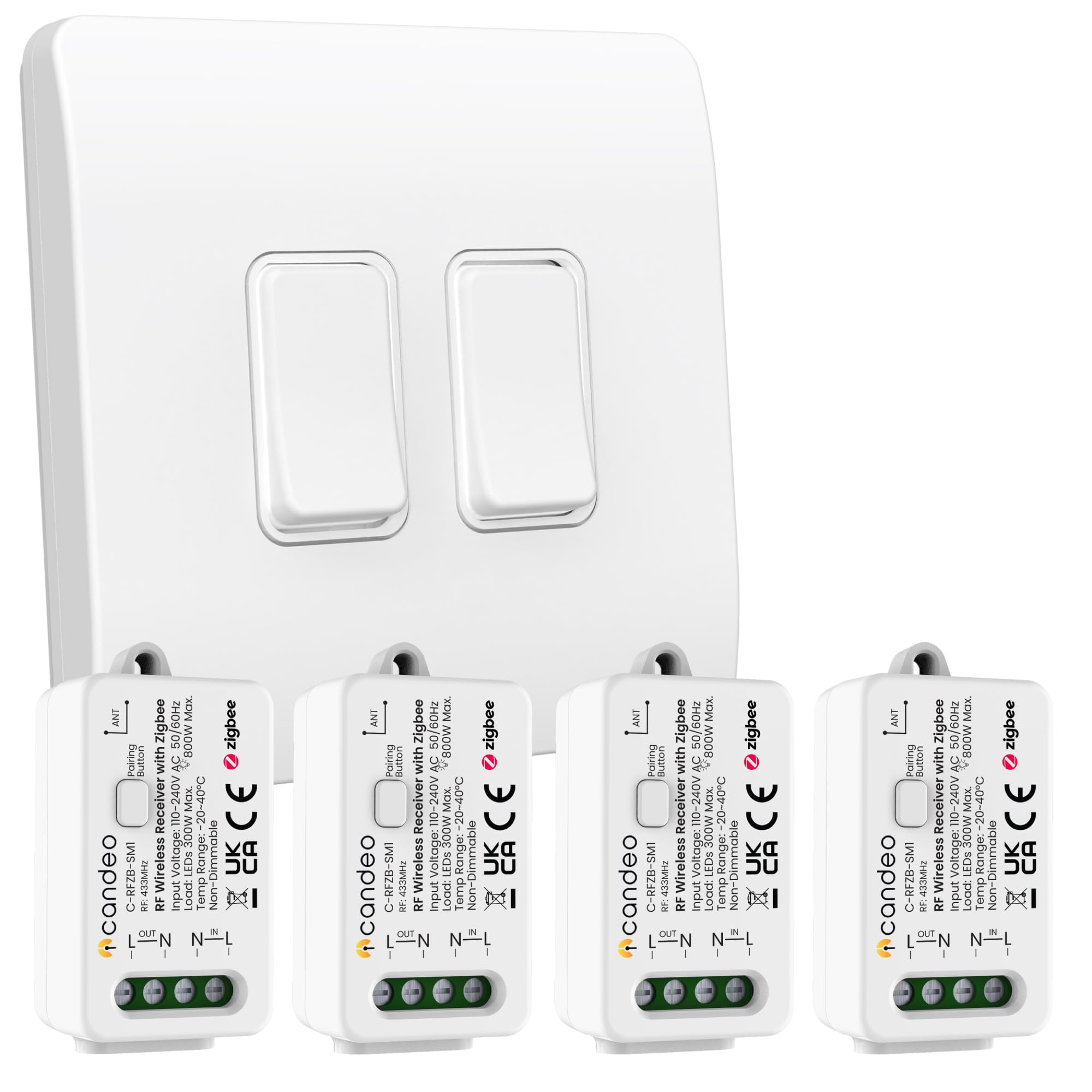 Candeo Wireless Kinetic Dual Light Switch (2-Gang each 2-Channel) & 4x Zigbee Compatible RF Receiver Modules Kit | No Wiring or Batteries for switch | Easy Installation & Eco-Friendly Lighting Control — image 1