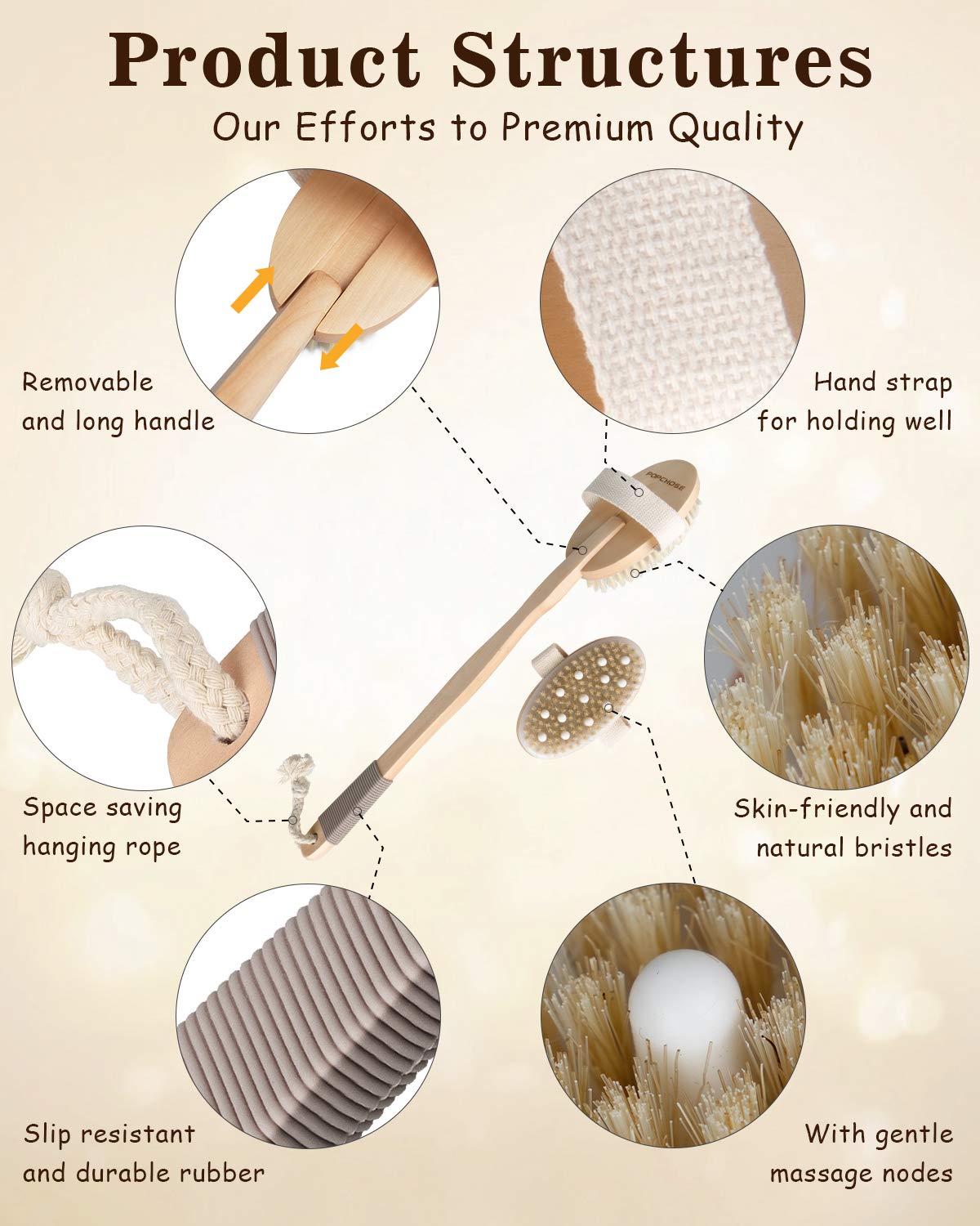 Shower Brush, POPCHOSE Detachable Dry Brushing Body Brush for Body Cellulite and Lymphatic, Back Scrubber for Shower Long Handle Natural Bristle Exfoliator Scrubber, Dual Brush Heads for Women & Man : Beauty