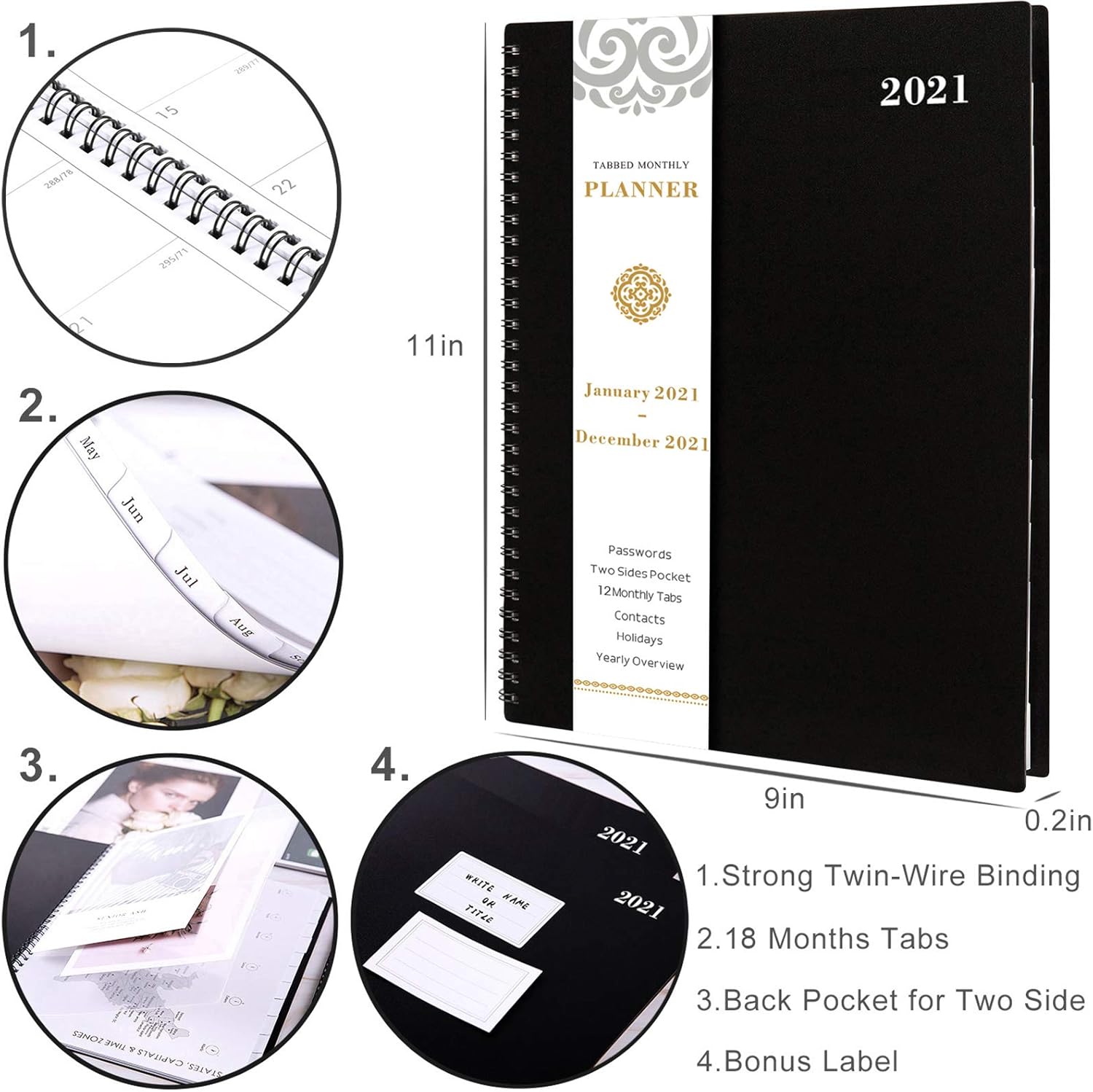 2021 Monthly Planner - 12-Month Planner with Tabs & Pocket & Label, Contacts and Passwords, 8.5" x 11", Thick Paper, Jan. - Dec. 2021, Twin-Wire Binding - Black by Artfan : Office Products