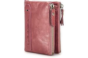 Contacts Soft Leather Wallet for Women Small Bifold Coin Purse Double Zipper Card Holder with RFID Blocking (Rose Tan)