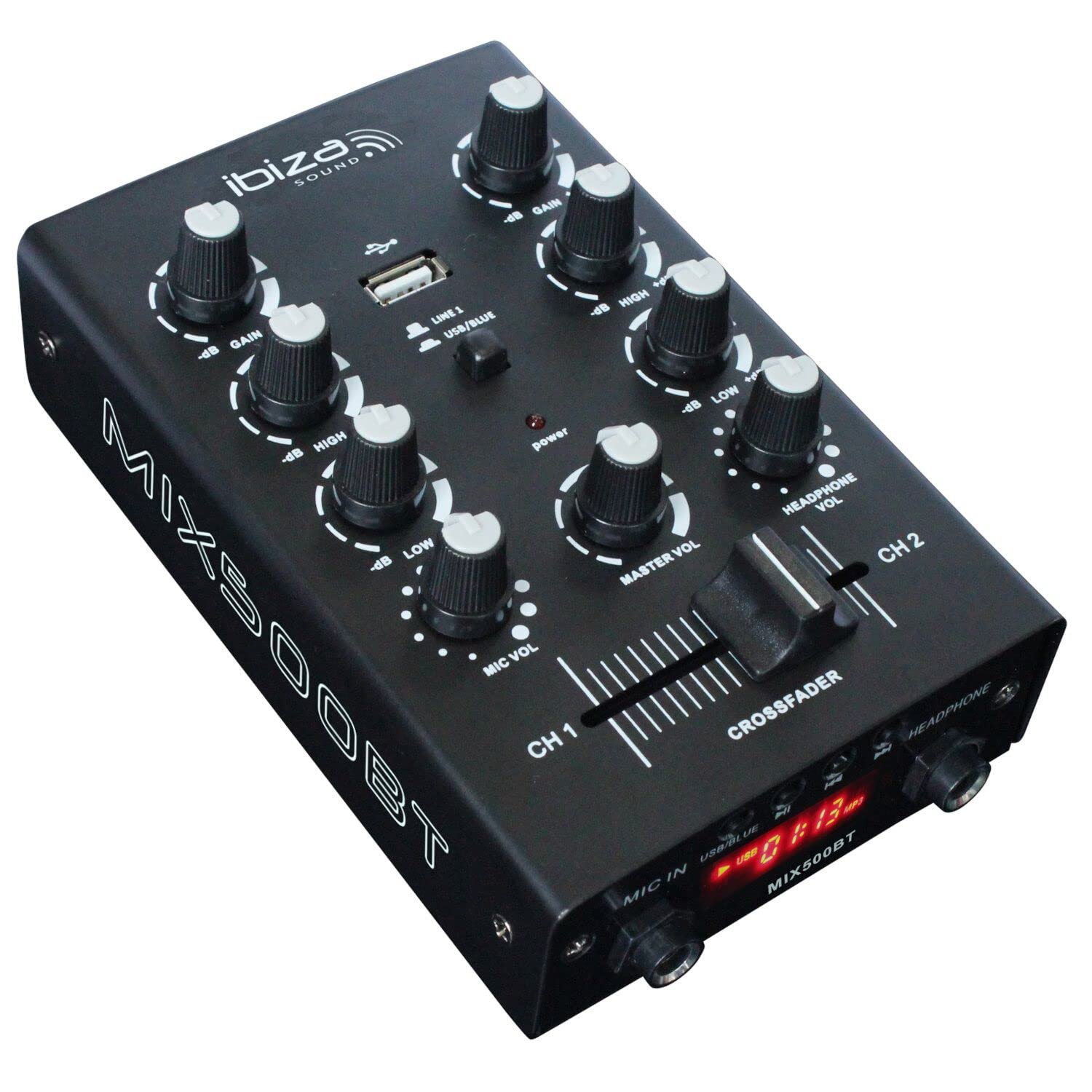 Ibiza - MIX500BT - Semi-professional 2-channel mixer with mic and line inputs and headphone, RCA and recording outputs - Bluetooth & USB - Black