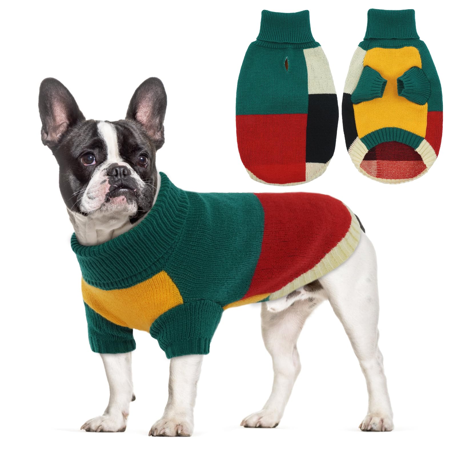 Hjumarayan Dog Jumper, Vintage Dog Jumpers Medium Size with Legs, Soft & Warm Sweater with Harness Hole, Colour Blocked Xmas Jumpers for French Bulldog, Cocker Spanie, Green L