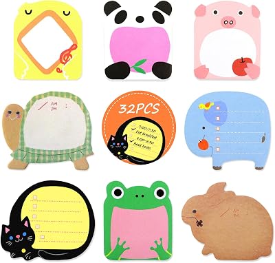Qufiiry 32 Packs Cartoon Sticky Notes 640 Sheets Animal Set 20 Sheets per Pad