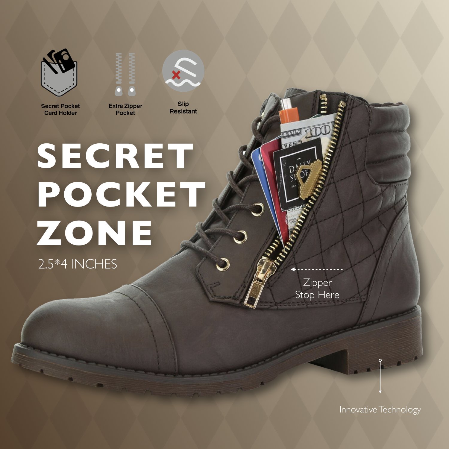 DailyShoes Women's Military Lace Up Buckle Combat Boots Ankle High Exclusive Credit Card Pocket - Image 3