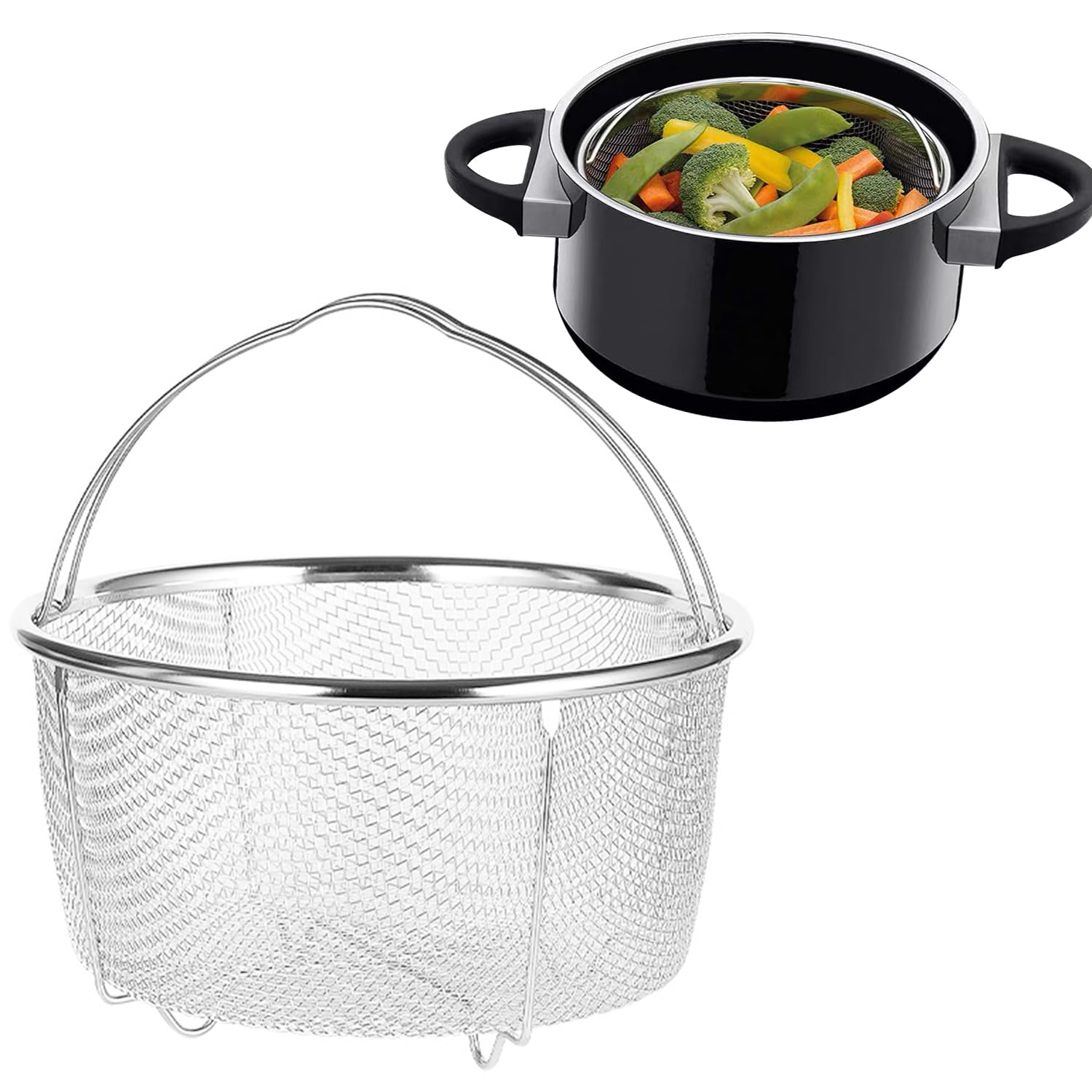 Mesh Steaming Basket 20cm Stainless Steel Mesh Steaming Pot with Comfortable Handles, Drainage Basket for Kitchen Frying Cooking