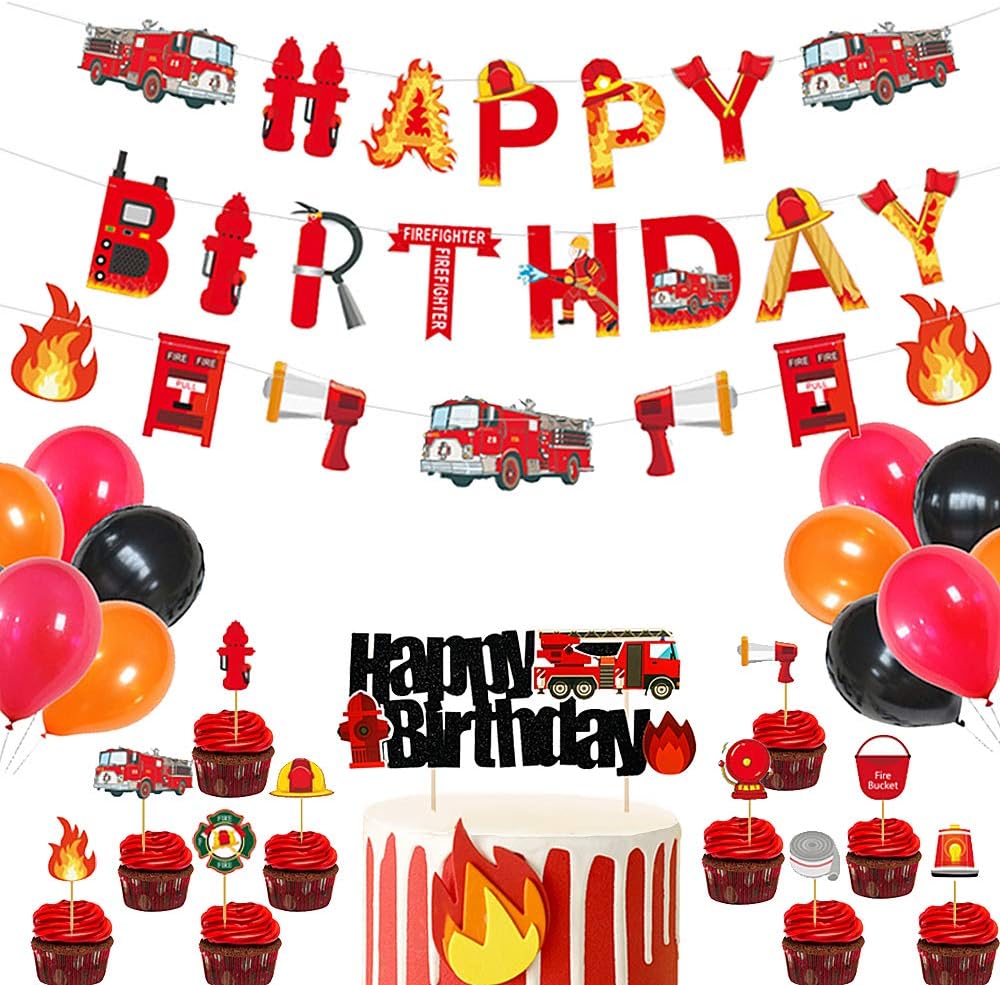 Jevenis 25 Pieces Pompier Banniere Danniversaire Camion De Pompiers Anniversaire Ballons Pompier Fete Danniversaire Decoration Pompiers Fete Decoration Pour Anniversaire Bebe Douche Decorations