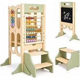 Paisure 6-in-1 Foldable Toddler Tower with Detachable 2-Step Stool for Kids | foldable toddler tower with 3 adjustable heights, detachable 2-step stool, blackboard and Montessori activity games.