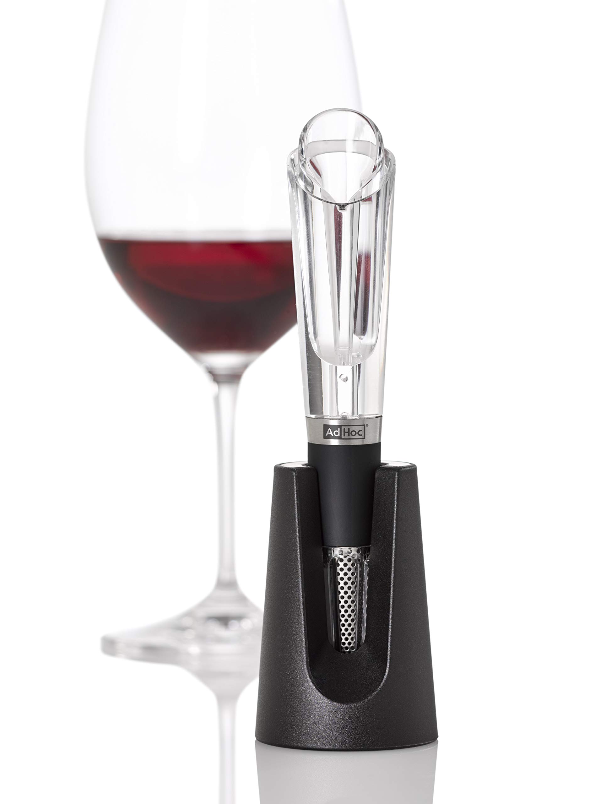 AdHoc VA10 AIROVIN Wine Aerator Pourer | Stainless Steel/Plastic/Acrylic/Silicone | Drip Catcher, Particle Wine Filter, With Drip-Collector Stand | (H) 160 mm x (D) 30 mm | Black/Clear