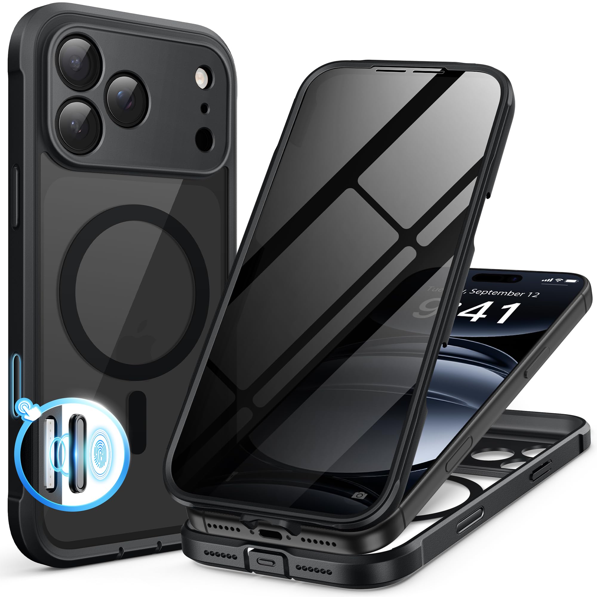 Photo 1 of BERFY for iPhone 17 Pro Case, Compatible with Mag Safe, Built-in Privacy Screen Protector and Camera Protection, Anti-Spy Full Body Shockproof Clear Phone Case for 17 Pro 6.3", Black
