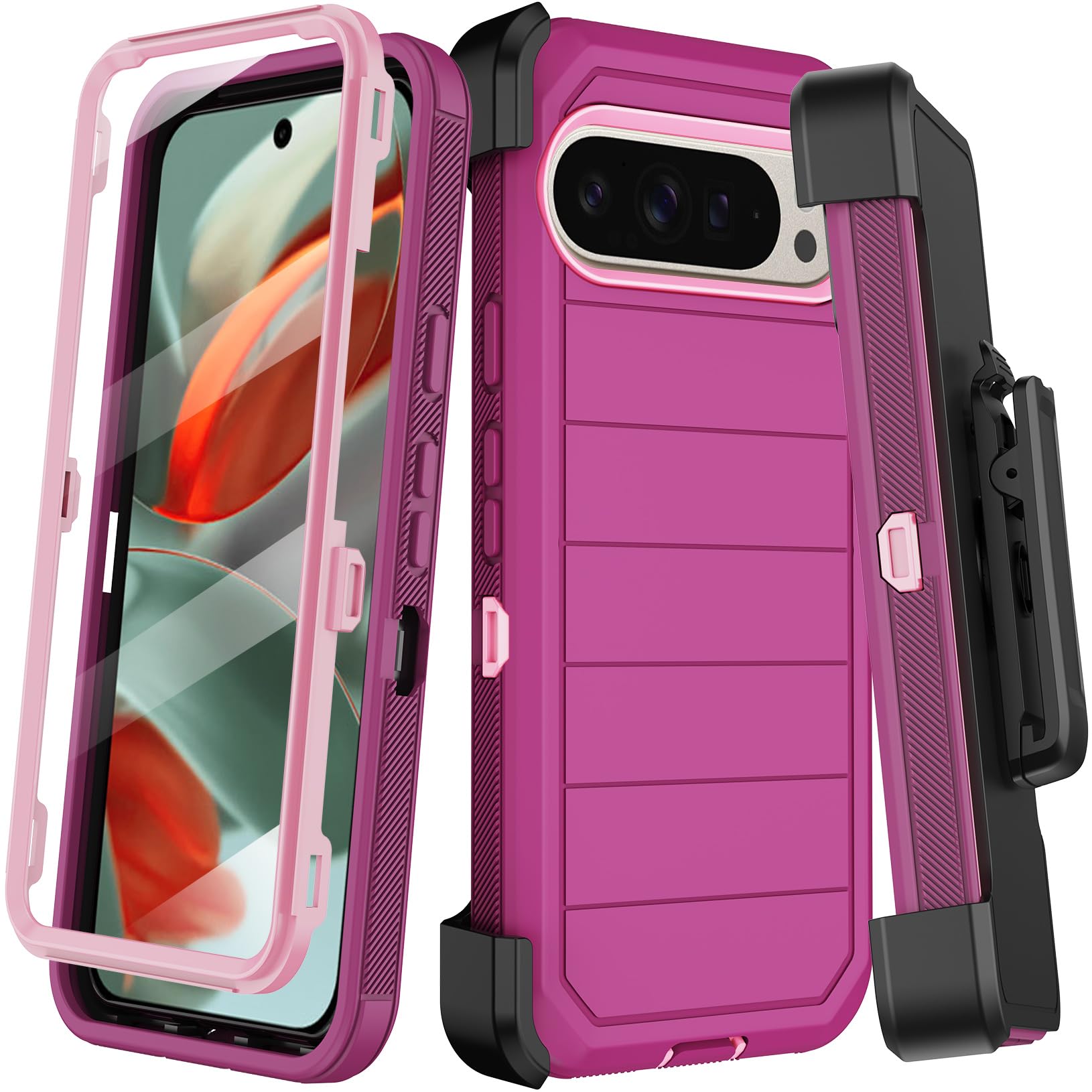 KECAI for Google Pixel 9 Pro XL Case with Built-in Screen Protector,Belt Clip Holster,Heavy Duty Shockproof Drop Protection Military Grade Rugged Full Body Phone Cover with Kickstand (Burgundy)