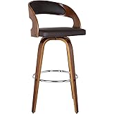 Armen Living Shelly 26" Seat Height Mid Century Modern Swivel Bar Stool for Kitchen Island Counter in Brown Faux Leather and 