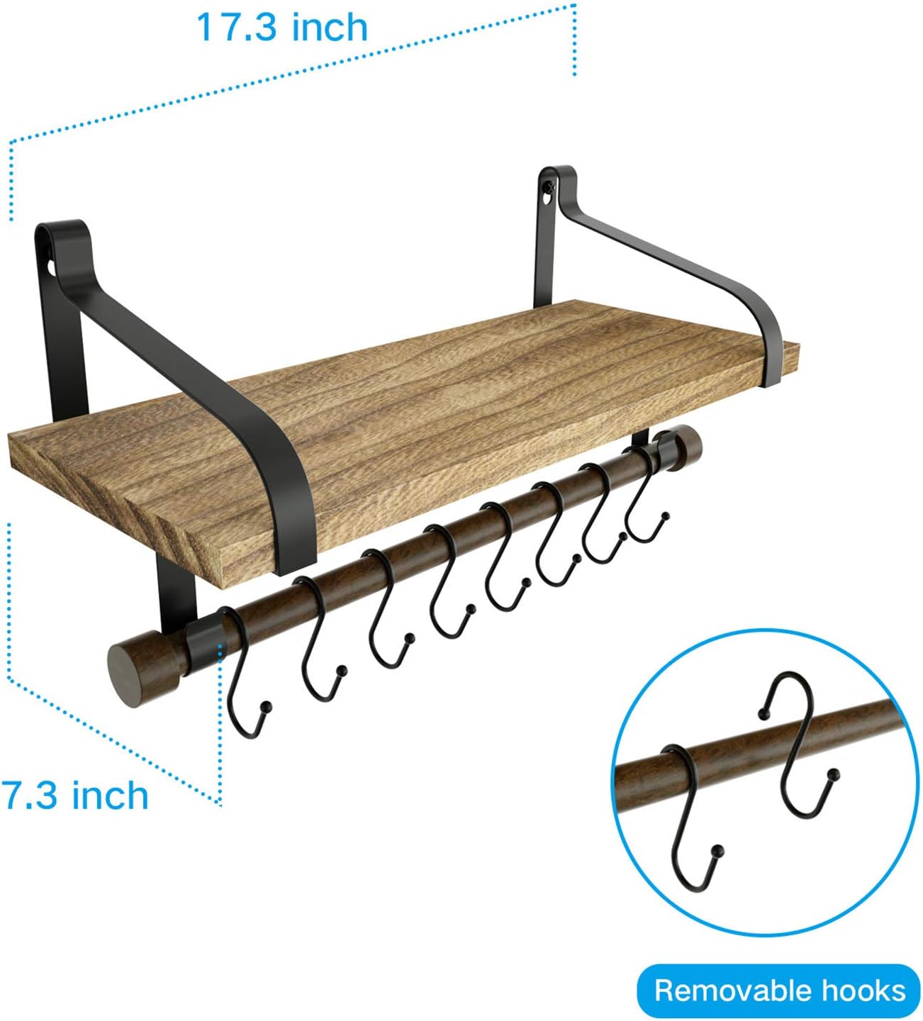 Love-KANKEI Floating Shelf Wall Shelf for Storage Rustic Wood Kitchen Spice Rack with Towel Bar and 8 Removable Hooks for Organize Cooking Utensils or Mugs Carbonized Black: Kitchen & Dining