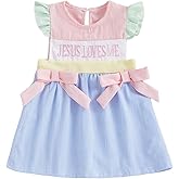 Toddler Baby Girl Summer Clothes Jesus Loves Me Embroidery Smocked Dress Stripe Ruffle Sleeve Dresses Baptism Outfit