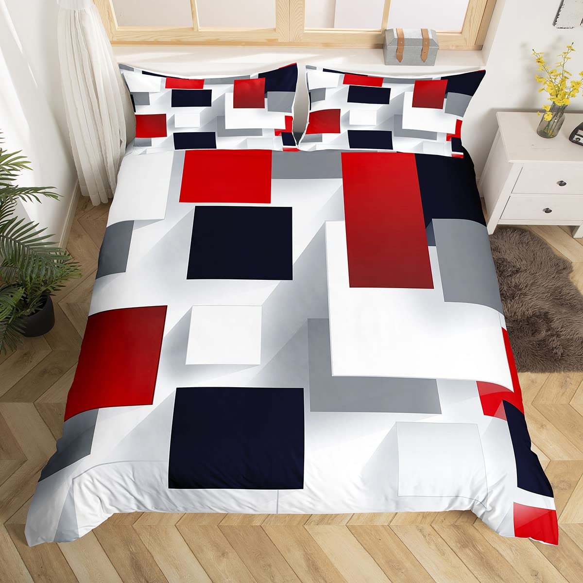 3D Geometric Bedding Set King Size,Red Black Grey Abstract Square Duvet Cover Set for Children Xmas Bedroom Present, Colorful Plaid Print Microfiber Comforter Cover with 2 Pillowcases, Soft